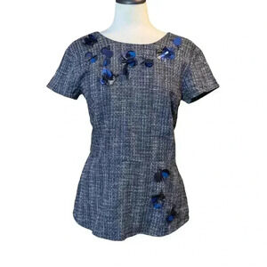Banana Republic Women's 8 Tweed Peplum Short Sleeve Blouse Butterfly Sequin